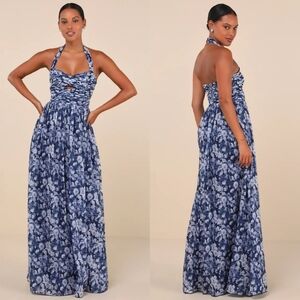Lulus Illustrious Aura Navy Blue Floral Pleated Halter Maxi Dress L Wedding
